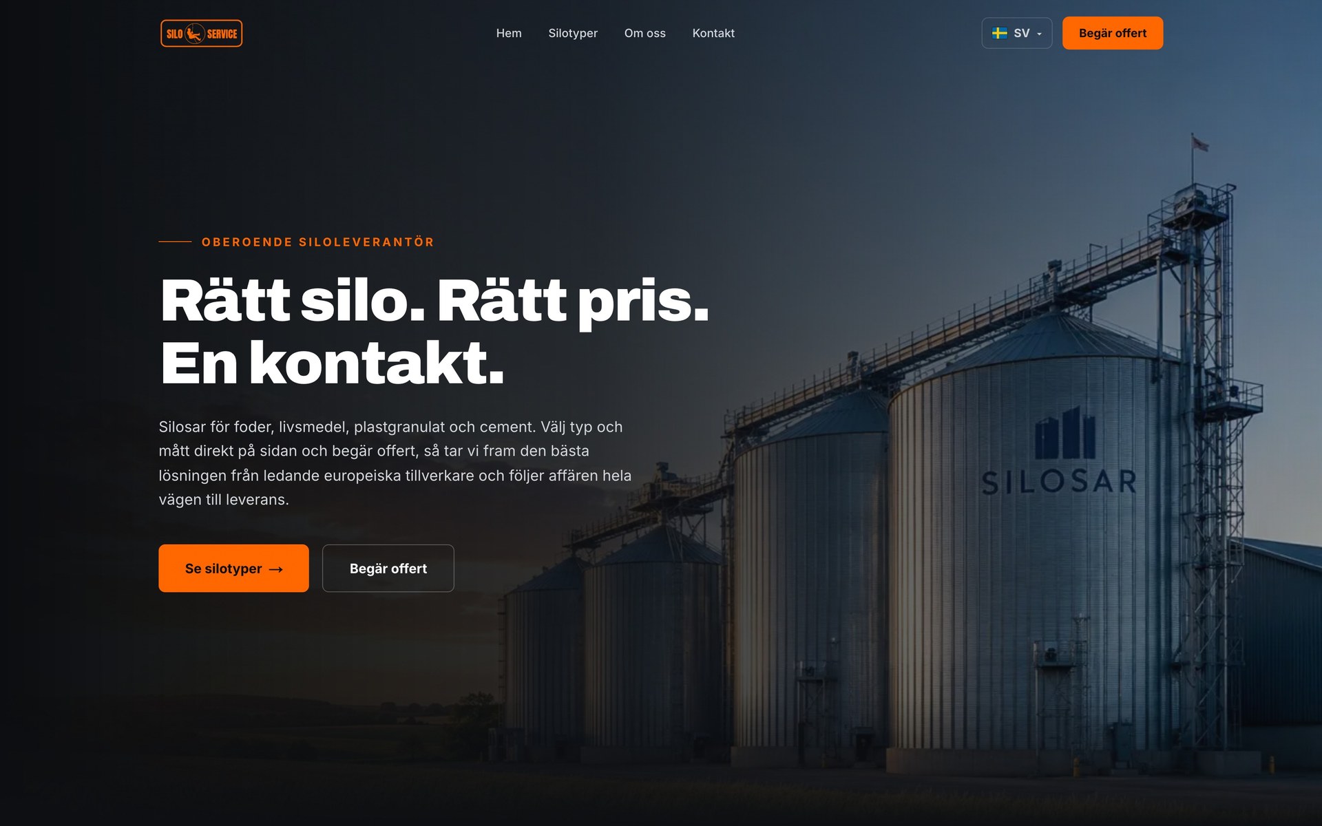 Startsida för Silosar - silos i solnedgång med rubriken Rätt silo. Rätt pris.